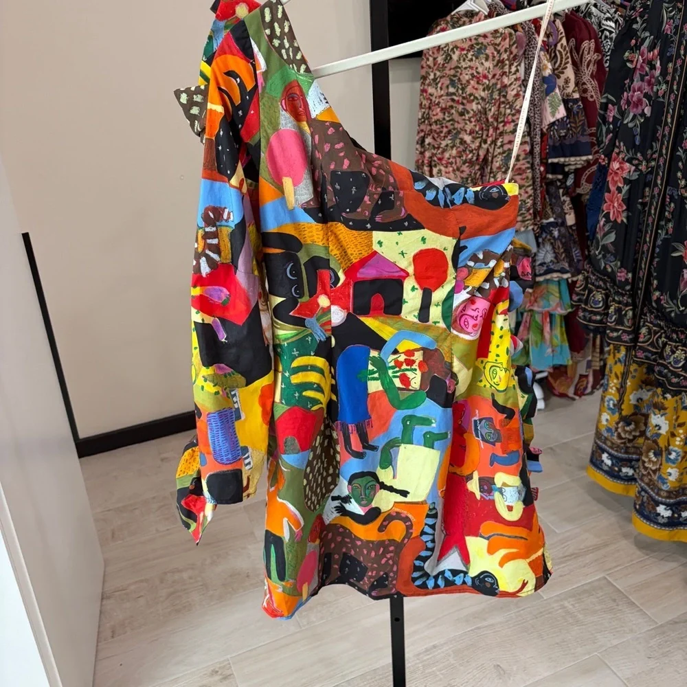 Farm Rio: Ana Leovy Farm Rio Organic Cotton One Shoulder Mini Dress - Picture 6 of 14